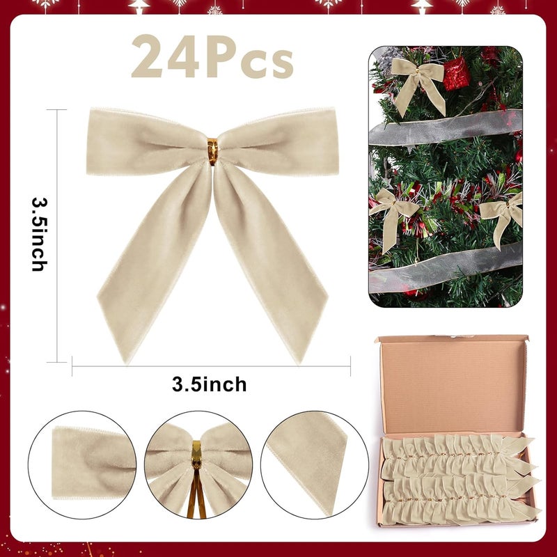 Utehilly 24 Pcs Champagne Small Velvet Christmas Bows for Christmas Tree, Wreath, Gift Wrapping, Crafts, Wedding, Party, Twist Tie Bows for Treat Bag Bakery Candy Bags, Home Decor 1" W,3.5 x 3.5 inch - Image 3